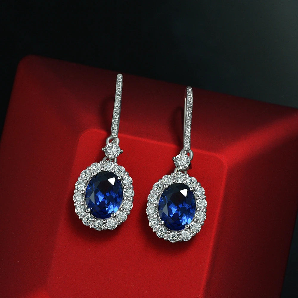 MUSHAN Jewelry Factory New 2ct Egg Shaped 7*9 Earrings European and American Light Luxury 925 Silver Lab Grown Red Sapphire