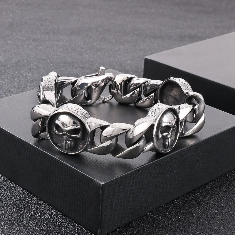 KALEN 230mm Men Punk Stainless Steel Skull Charms Cuban Links Bracelet
