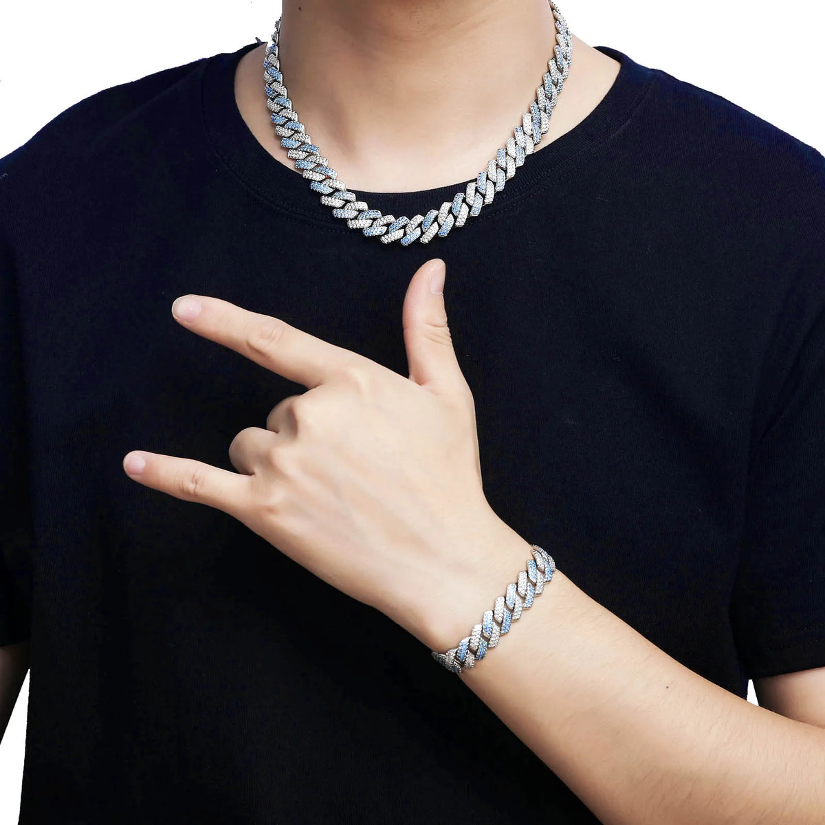S&S European Hot Selling Hip Hop 18K Gold Plated Jewelry Set 14mm Iced Out Miami Cuban Link Chain Necklace and Bracelet Set for Men