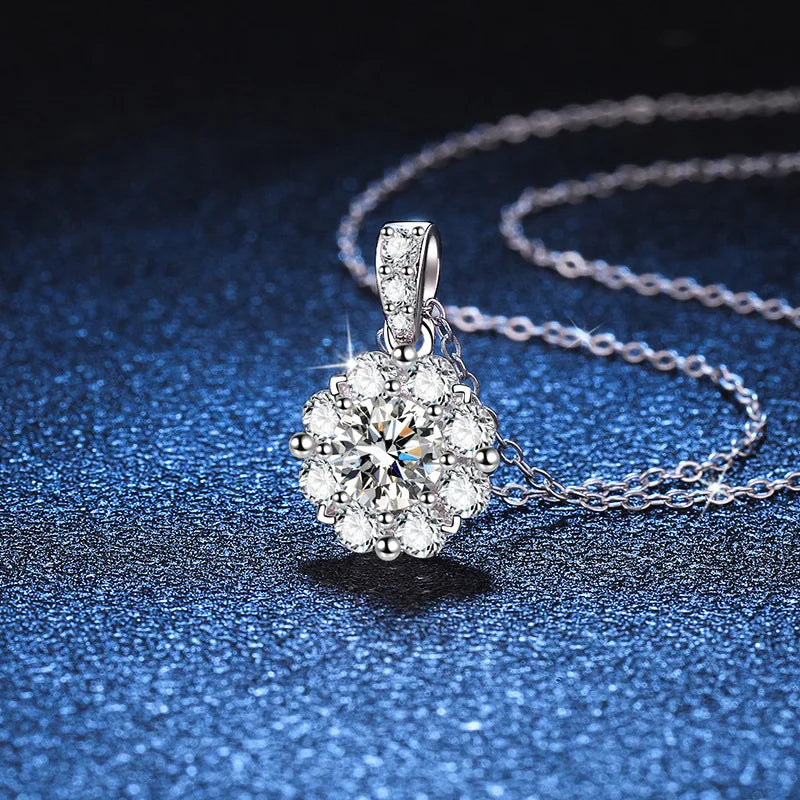 Fashion Fine 925 Sterling Silver Cluster Set Round Cut 1ct VVS GRA Colored Moissanite Jewelry Classic Sunflower Pendant Necklace
