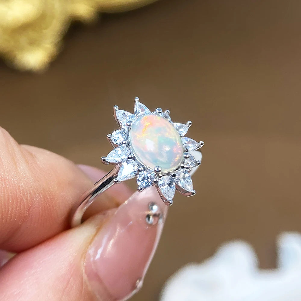 Gioiellieri High Quality Natural Opal Rhodium Plated Luxury 925 Sterling Silver Prong Set Certified Gemstone Ring for Women Everyday Wear