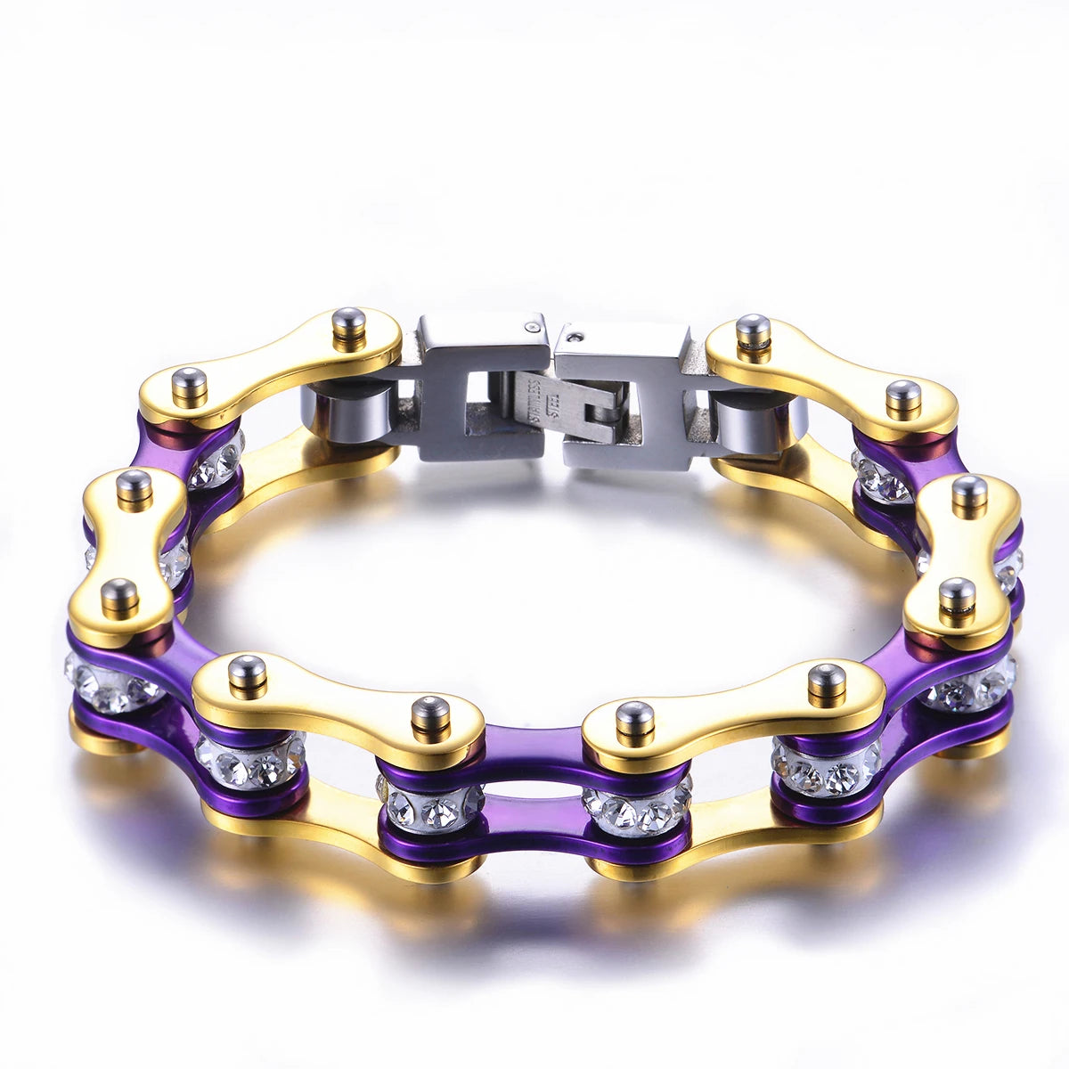 REBEL Motorcycle Chain Ladies Bling Bracelet Gold & Purple Color Link Chain 316 Stainless Steel Bicycle Biker Bracelet