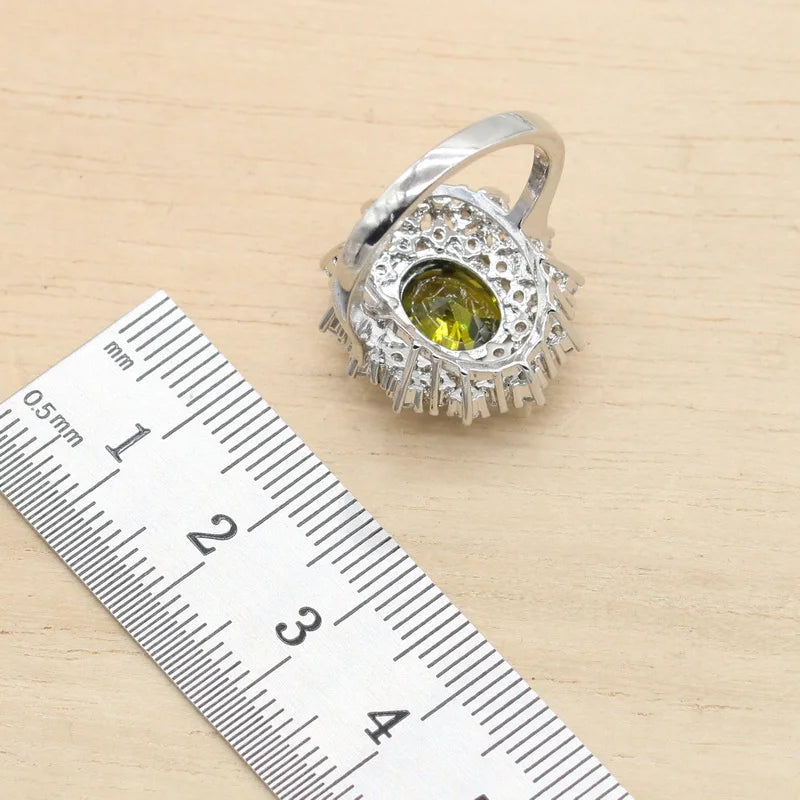 XOTICA Green Peridot Silver Jewelry Set for Women Including Bracelet Earrings Necklace Pendant Ring for Wedding Valentine's Day Zircon