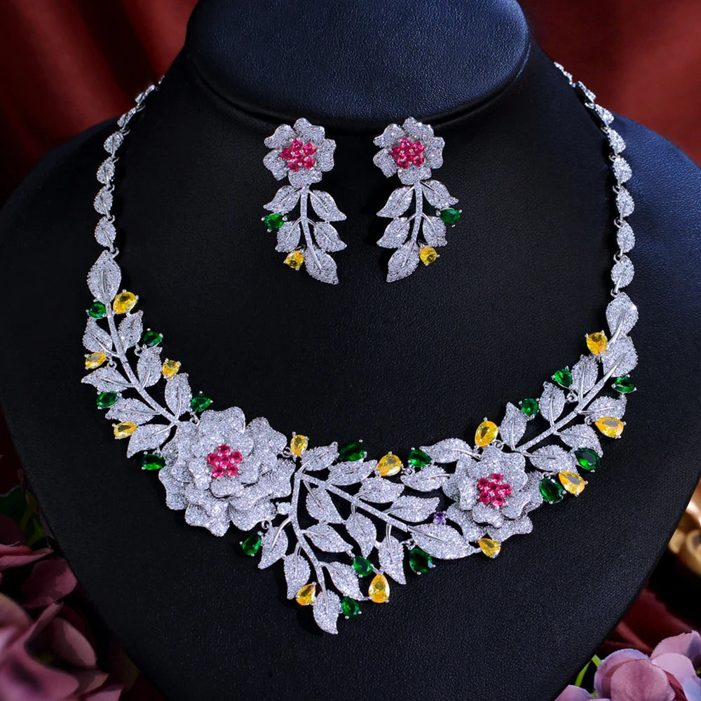 Luxury African Gold Plated Cubic Zirconia Statement Flower Leaf Shape Bridal Jewelry Set for Women Wedding Costume Jewellery