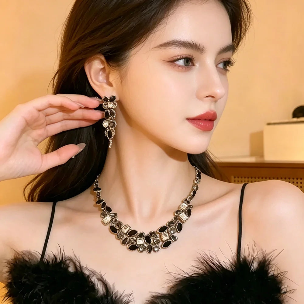 XM S382 Silver Plated Black Zircon Floral Marquise Necklace & Drop Earrings Bridal Set