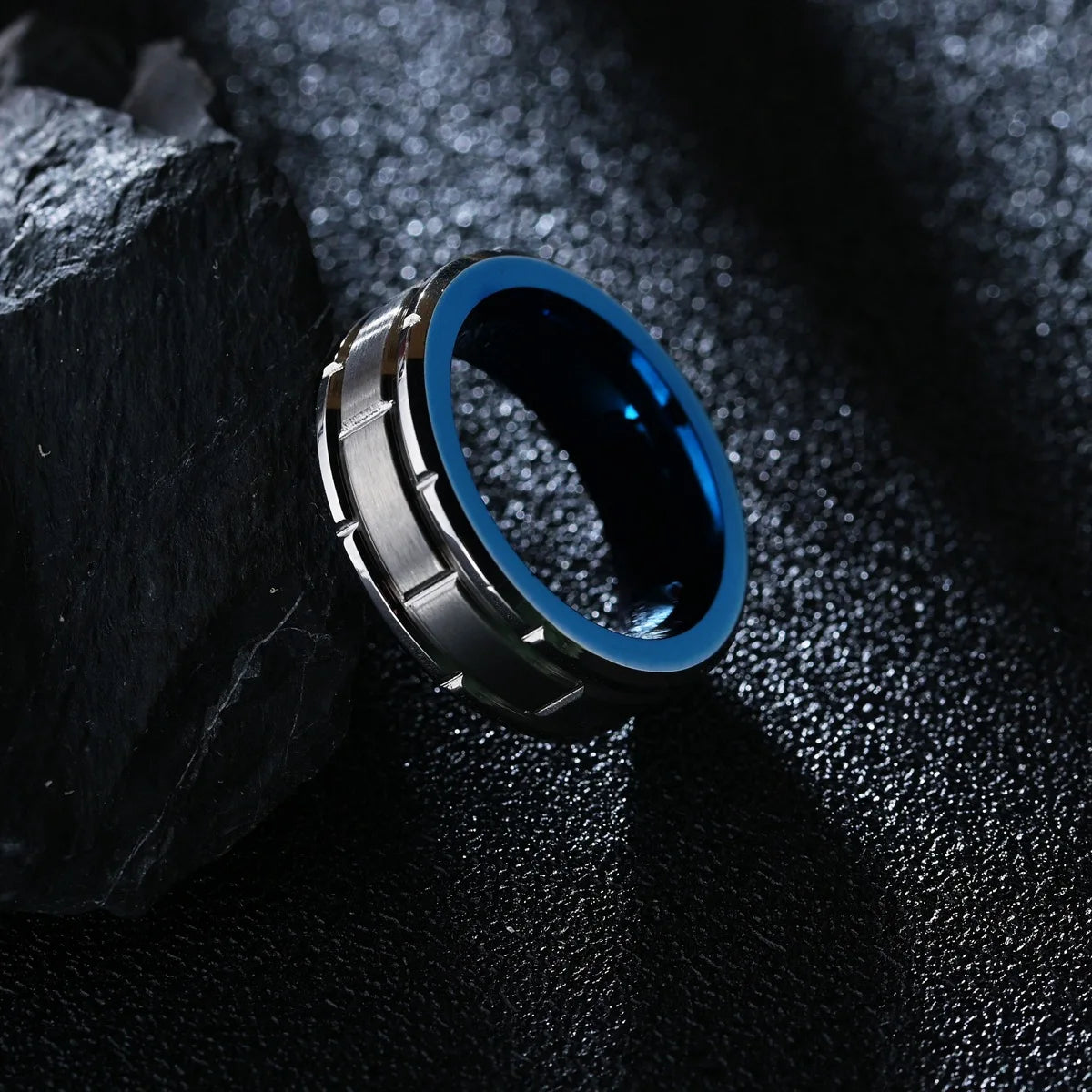 Men's Classic Blue and Steel Tungsten Gemstone Ring Third Party Certified for Engagement