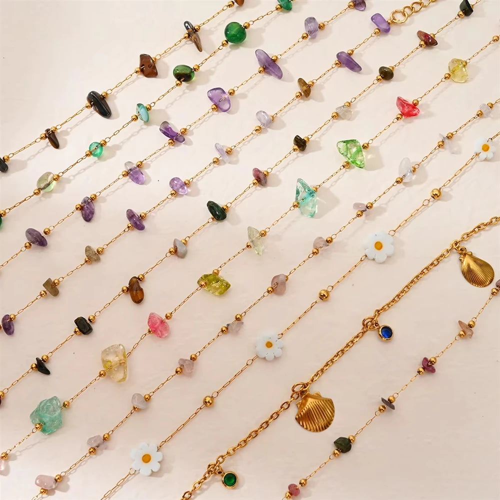 Fashion Beach Style Stainless Steel Ankle Chain Colorful Stones Anklets for Women
