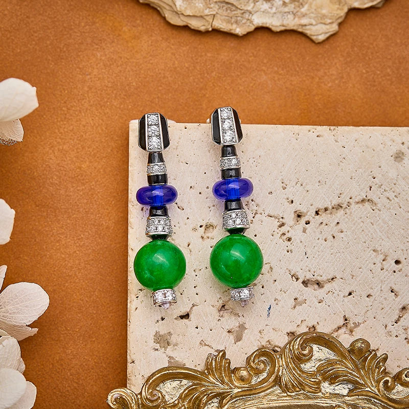Oriental Retro Green Bead Brass Evening Dress Necklace Earrings Accessories Gorgeous Personalized Banquet Party Women's Set