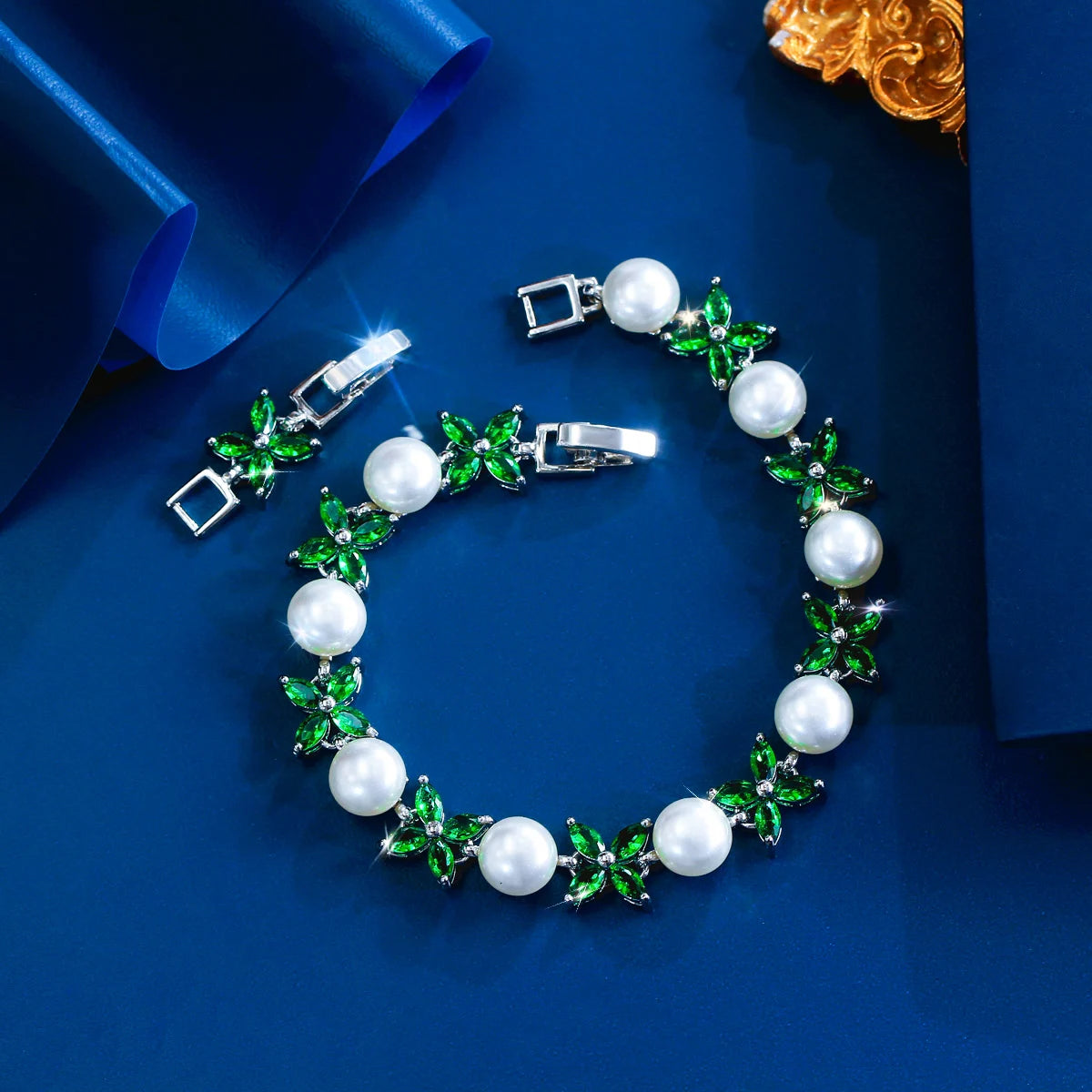 S&S CZ Flower & Leaf Chain Link Bracelet – Pink, Green & White – Collection