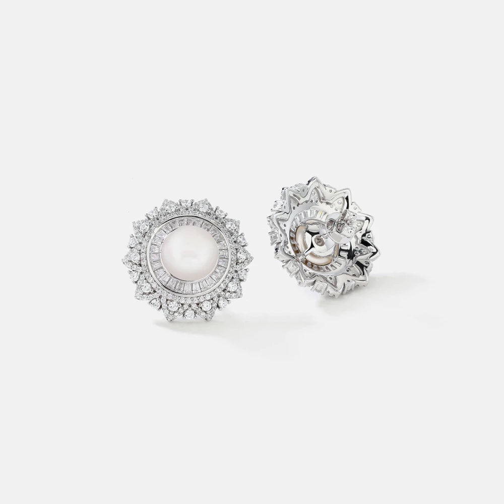 MUSHAN Jewelry Factory S925 Pearl Stud Earrings With High End Feel Electroplated White Gold Set With High Carbon Diamonds