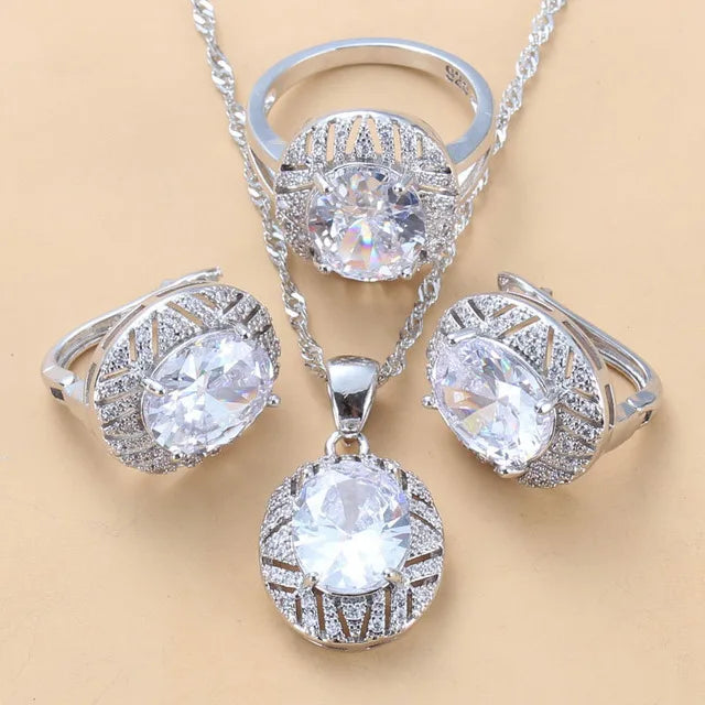 XOTICA Bridal Costume Jewelry Sets With Zirconia 925 Silver Dangle Clip Earrings and Ring 3 Piece Set for Women Wedding Gift