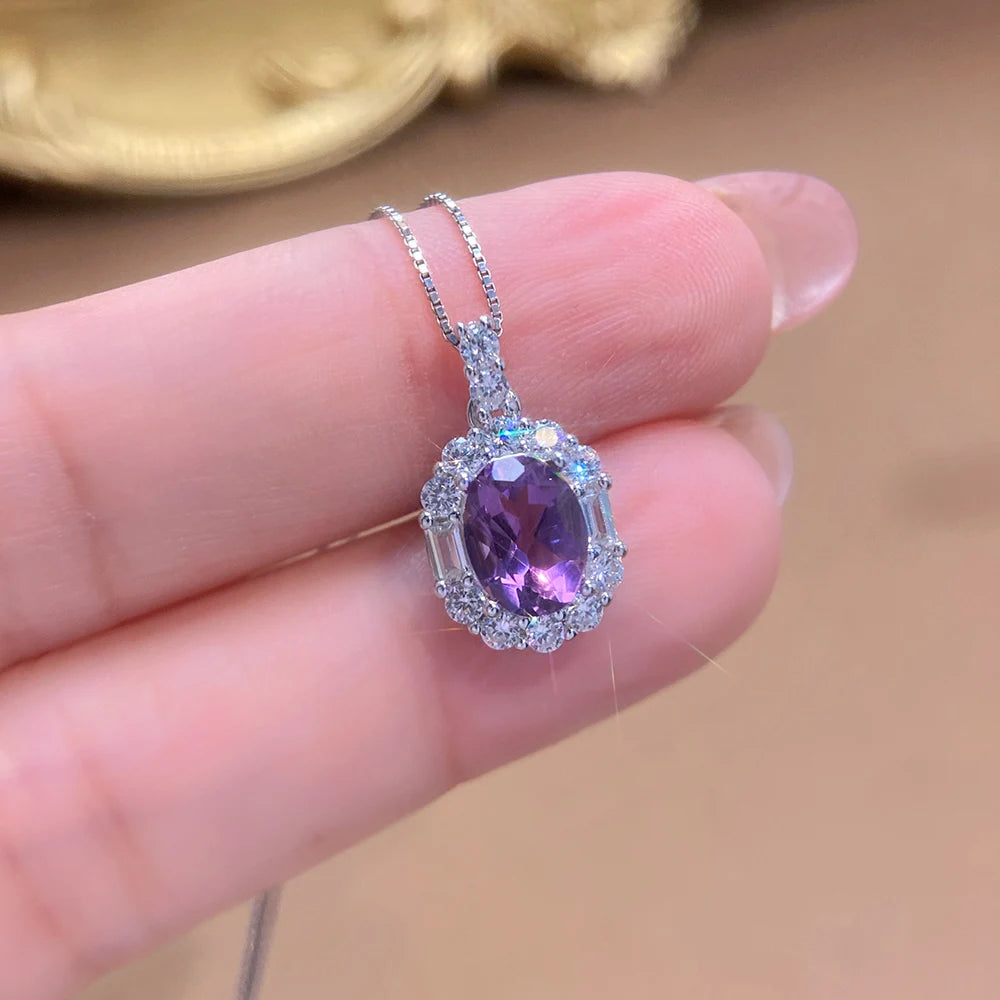 ArtistA Natural Amethyst Ring Pendant Jewelry Set Rhodium S925 Silver Luxury Gemstone Fine Jewelry Women Wedding Anniversary Gift