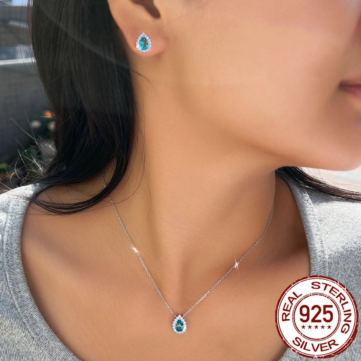 Elegant Fine Zirconia Jewelry Set 925 Sterling Silver Blue Paraiba CZ Drop Pendant Necklace Earrings Jewelry Set for Women Party