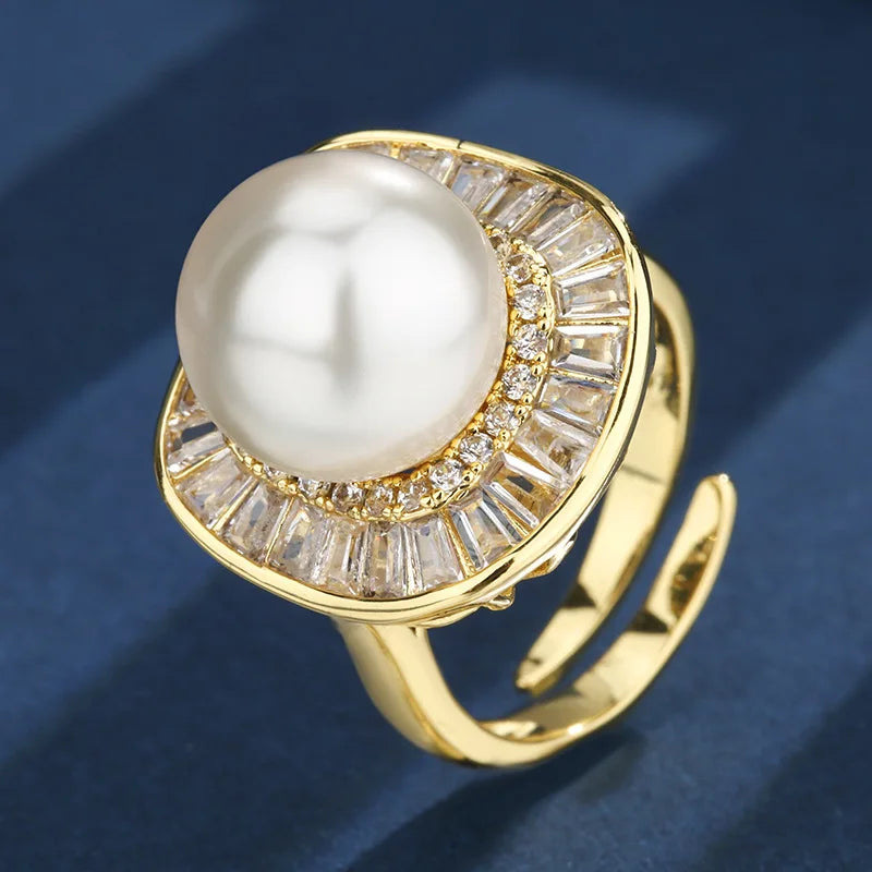 Gemfiori Hot Selling Gold White Pearl square Temperament Women's Copper Base Gold-plated Jewelry Bride Wedding Jewelry Set