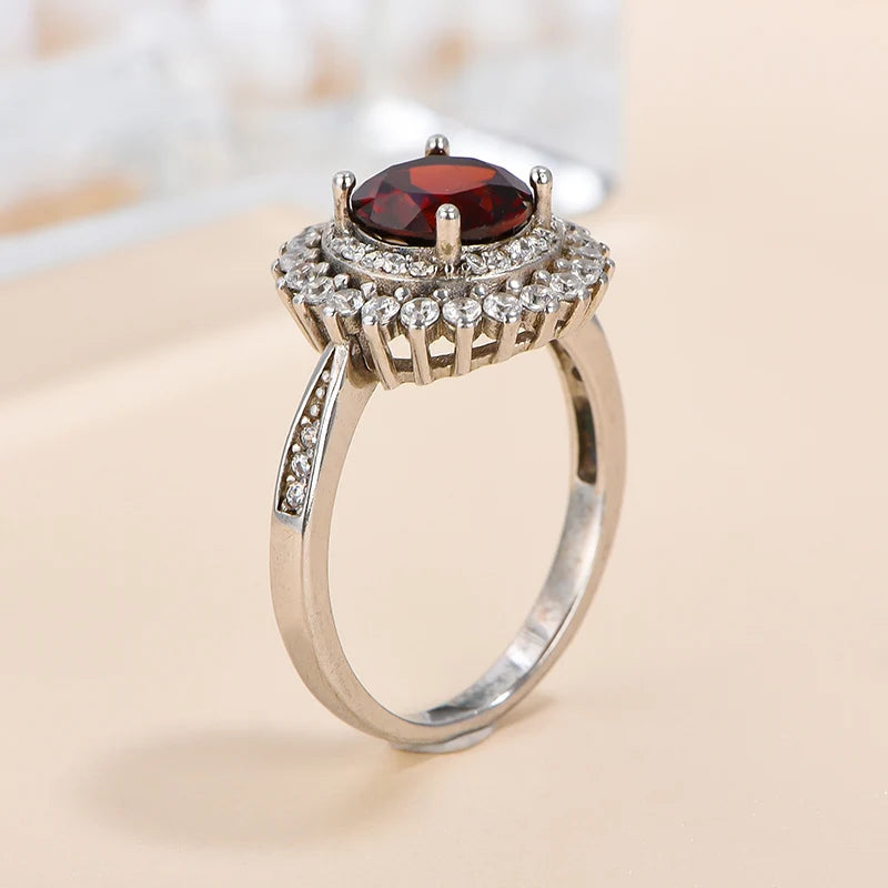 Gioiellieri Natural Garnet Rhodium Plated 925 Sterling Silver Luxury Engagement Ring Round Brilliant Cut Gemstone for Weddings and Parties