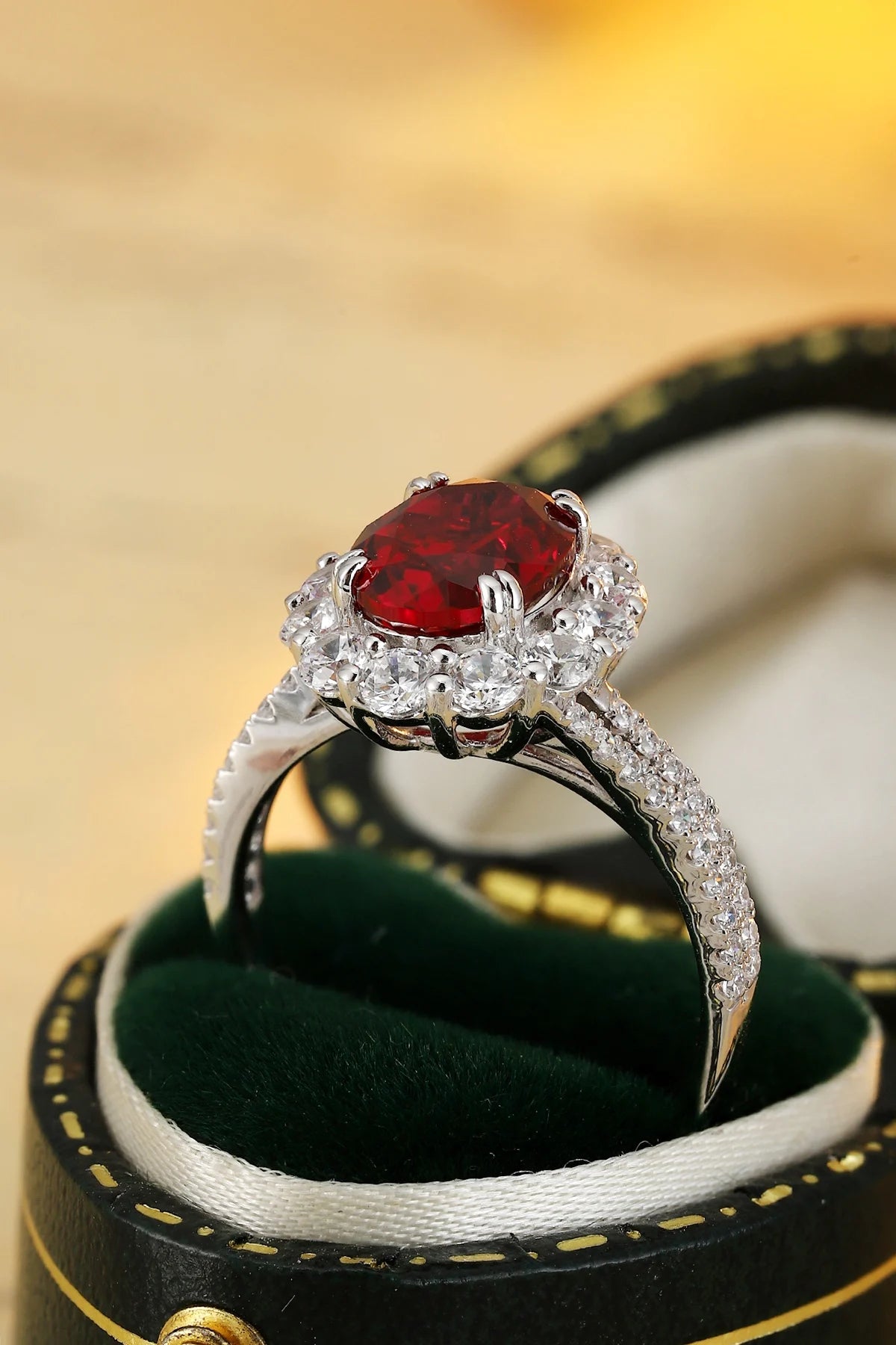 Gemfiori New Trendy Vintage Luxury Lab Grown Ruby Rings for Women Rhodium Plated Sterling Silver 925 Wedding & Anniversary Custom