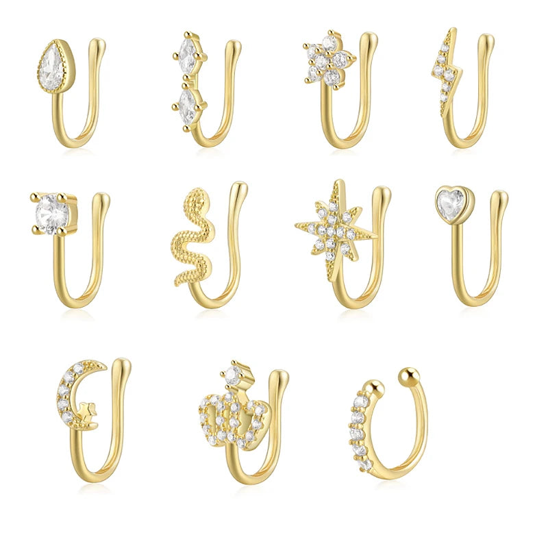 S&S 925 Silver Gold Plated Zircon Nose Cuff | Non-Piercing Flower Moon Star Heart