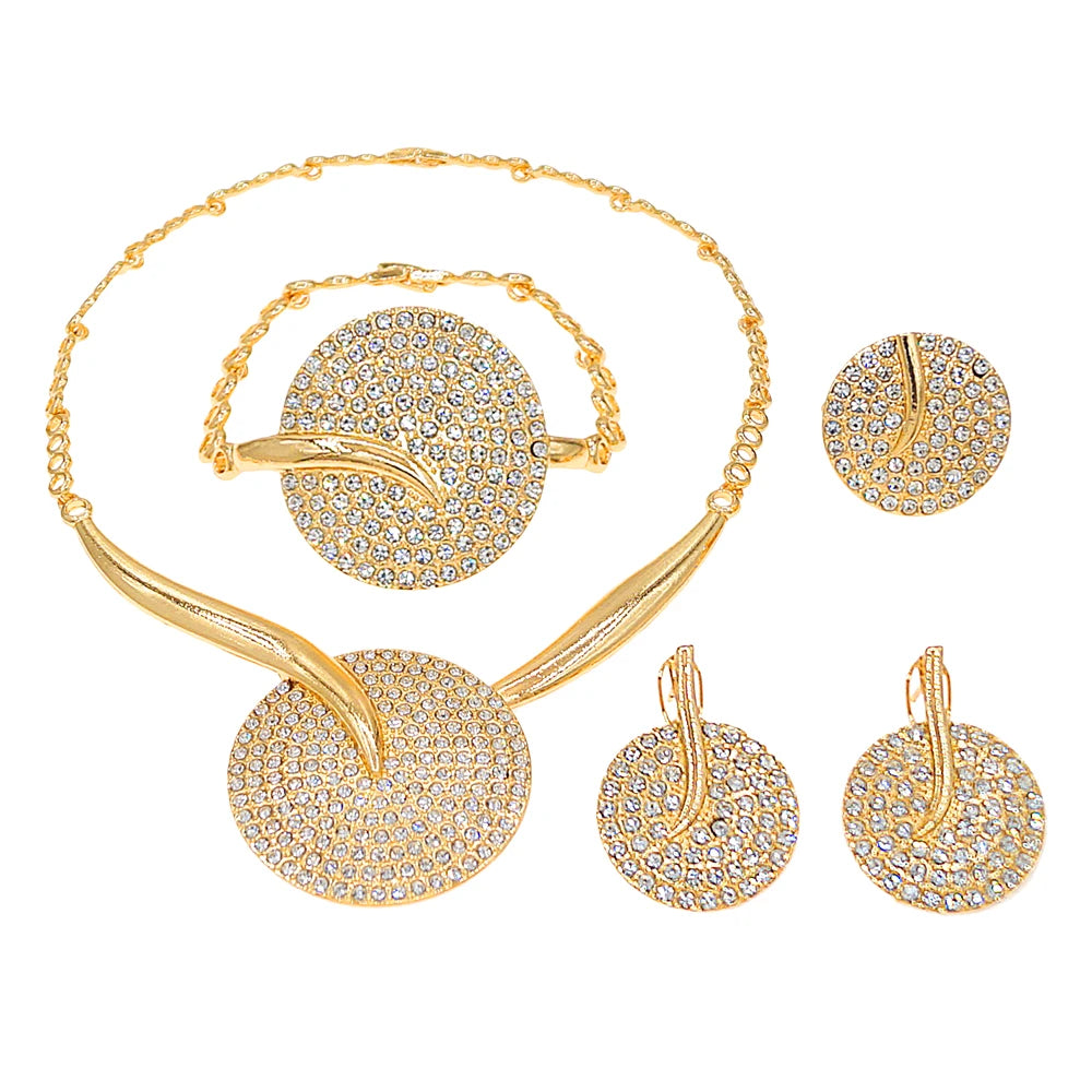 Zhuerrui Gold Plated Jewelry Set for Women Rhinestone Embellished Circular Necklace Earrings Bracelet Ring Party Gift HB01914
