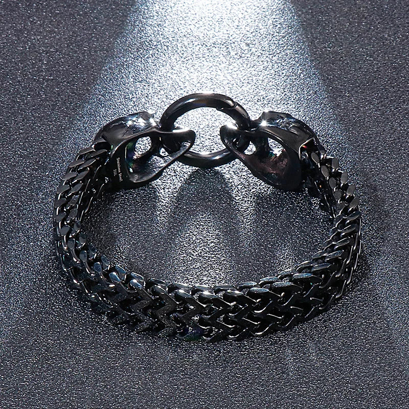 REBEL Punk Fine Jewelry Fashion Bracelets Stainless Steel Skull Charm Herringbone Links Bracelet