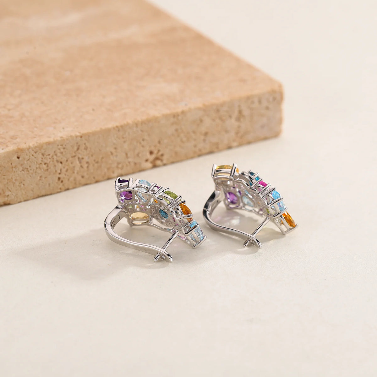 ArtistA A4014 Abiding Colorful Luxury Mix Gemstone Real 925 Sterling Silver Fine Jewelry Natural Gemstones U Shape Hoop Earrings