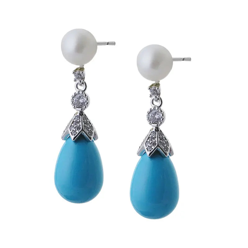Water Droplet-Shaped Blue Turquoise Zircon Set With Natural Freshwater Pearl Drop Earrings New Design Jewellery  Wome GE1748