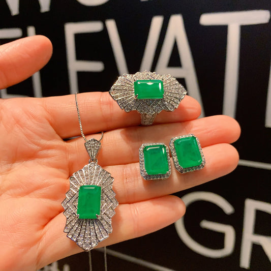 Gemfiori New Fashionable Lace Niche Women's Ring Green Zircon Hollowed Out Palace Style Pendant Earrings Retro Set