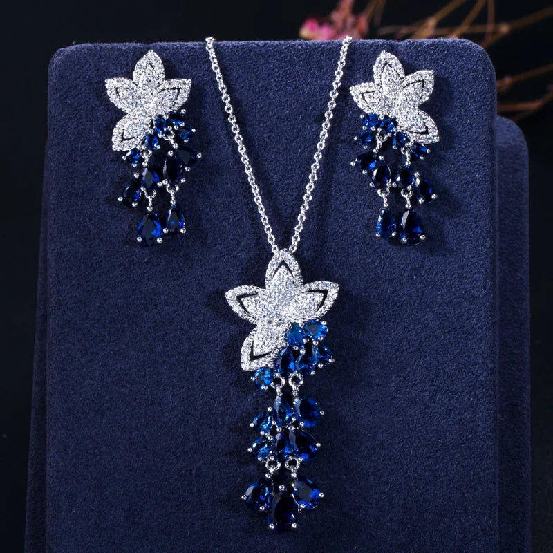 High Quality Geometric Flower Design Cubic Zirconia Crystal Women Rose Gold Color Tassel Earrings Necklace Pendant Jewelry Sets