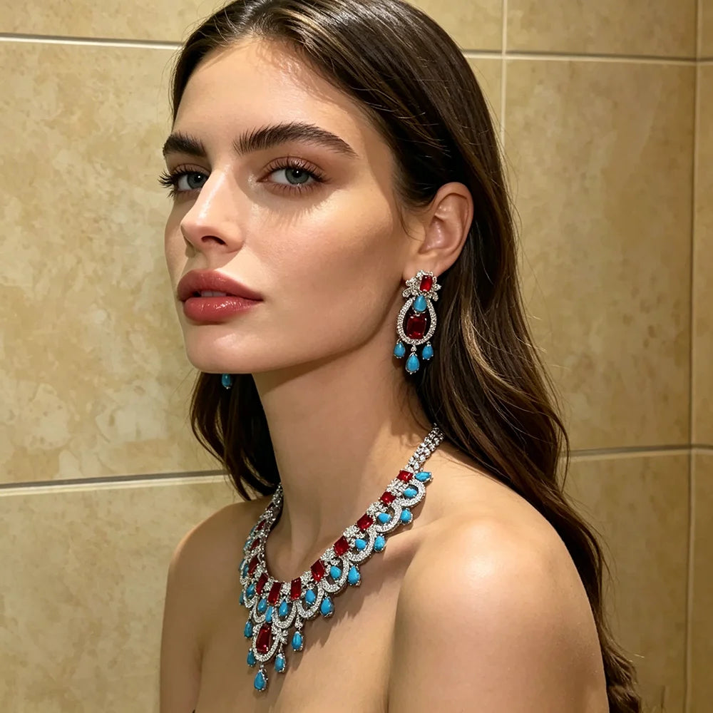 XM S414 Silver Plated Marquise Cut Turquoise Ruby-Tone Crystal Tassel Choker Necklace & Drop Earrings Set