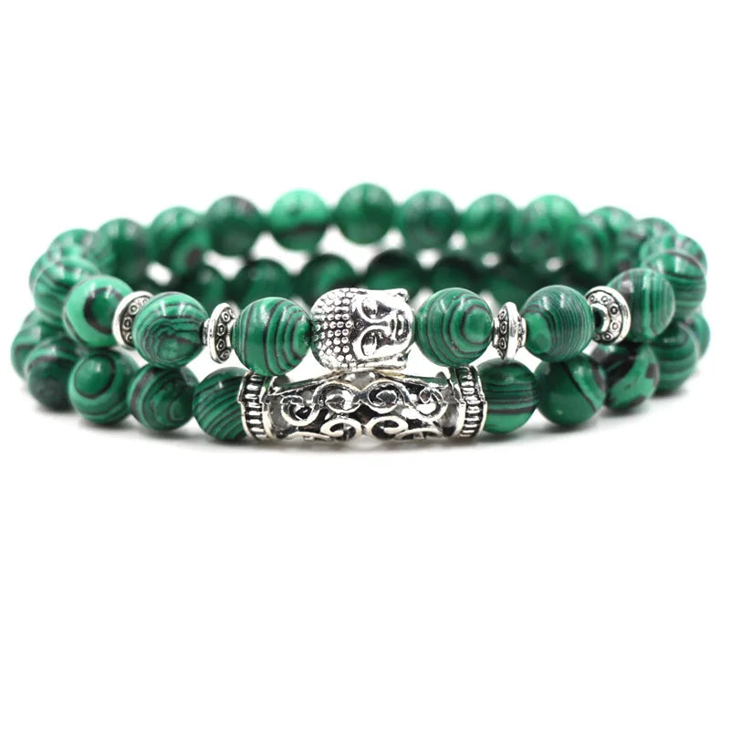 Classic Natural Silver Lion Owl Buddha Head Charm Bracelet Set for Unisex Anniversary 8mm Diamond-Embossed Bangle Chain Bead