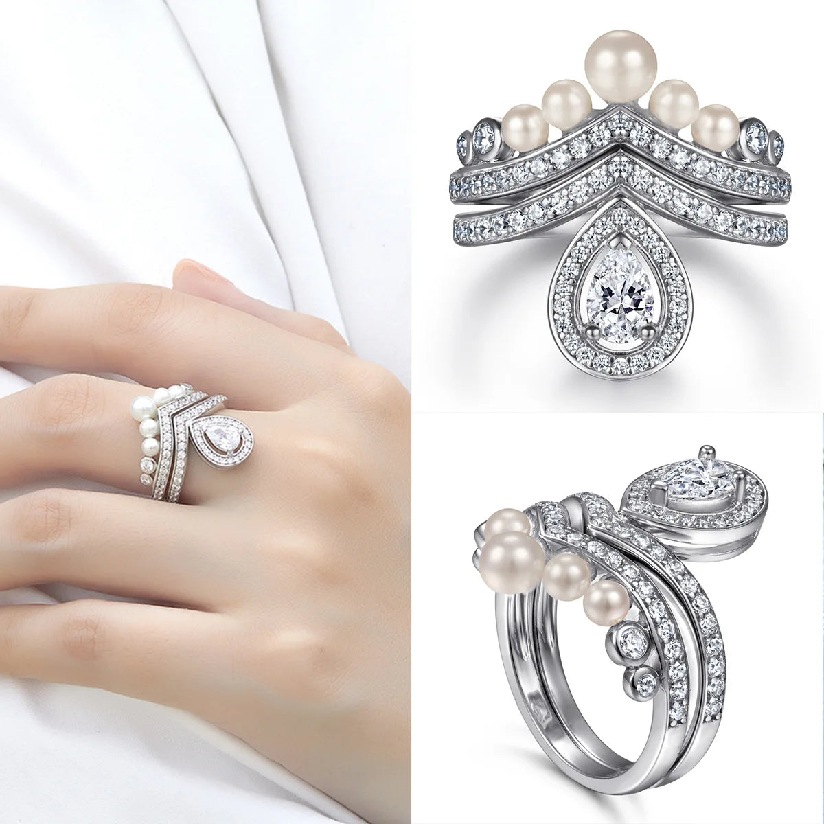 ArtistA S925 Silver Pear Zirconia Pearl Jewelry Set Ring Earrings Necklace Rhodium Plated Fine Women Wedding Jewelry
