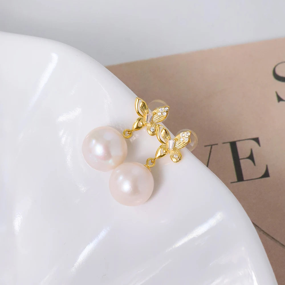Natural Round Pearl 925 Silver Inlaid with Zircon butterfly Earrings for Women Korean Classic Vintage Fashion Jewelry Earrings