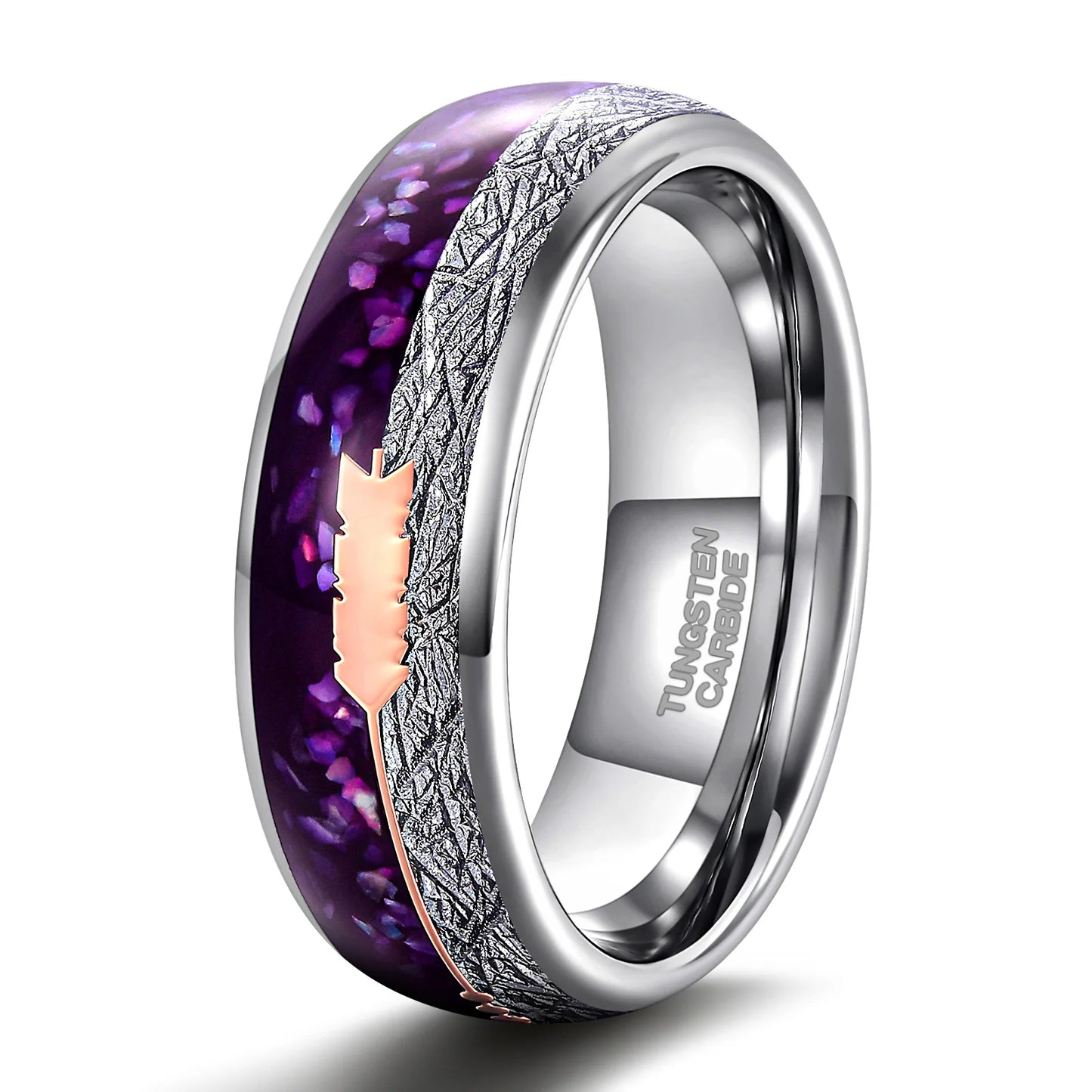 OAHLAN 8mm Rose Gold Arrow Purple Agate and Meteorite Domed Ring Men Women Wedding Engagement Bands High Polish Tungsten Ring