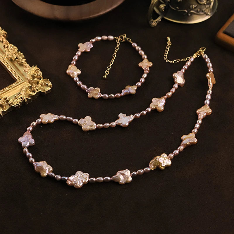 GLSEEVO Natural Purple Four Leaf Clover Baroque Pearl Jewelry Set for Women Daily Wear Pearl Necklace Bracelet Fashion Jewelry