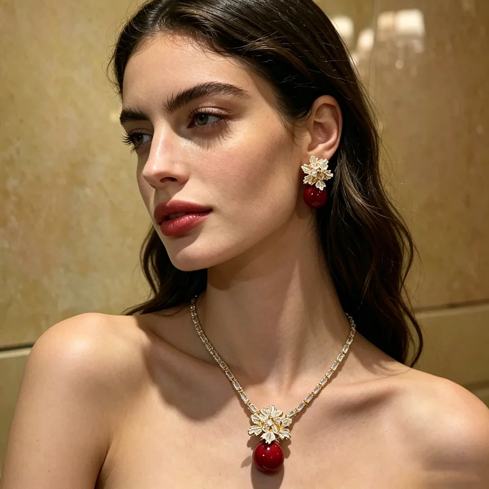 XM S418 Gold Plated Snowflake Crystal & Red Round Pearl Pendant Necklace & Drop Earrings Set