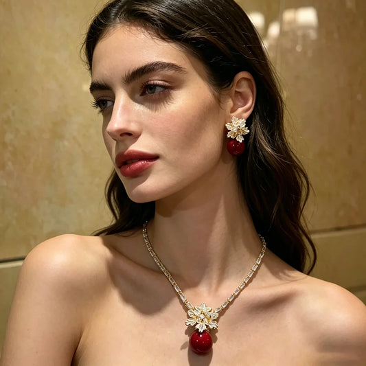 XM S418 Gold Plated Snowflake Crystal & Red Round Pearl Pendant Necklace & Drop Earrings Set