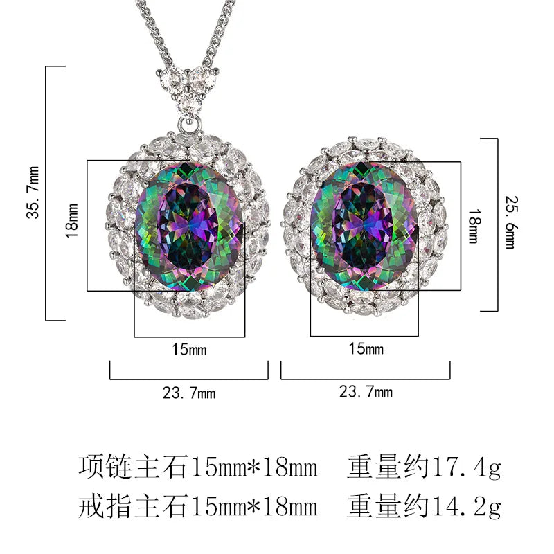 REDheart Women's Fashion Copper Zircon Pigeon Egg Ring Gold-Plated Bird's Nest Cut Seven Color Advanced Certified Necklace Set