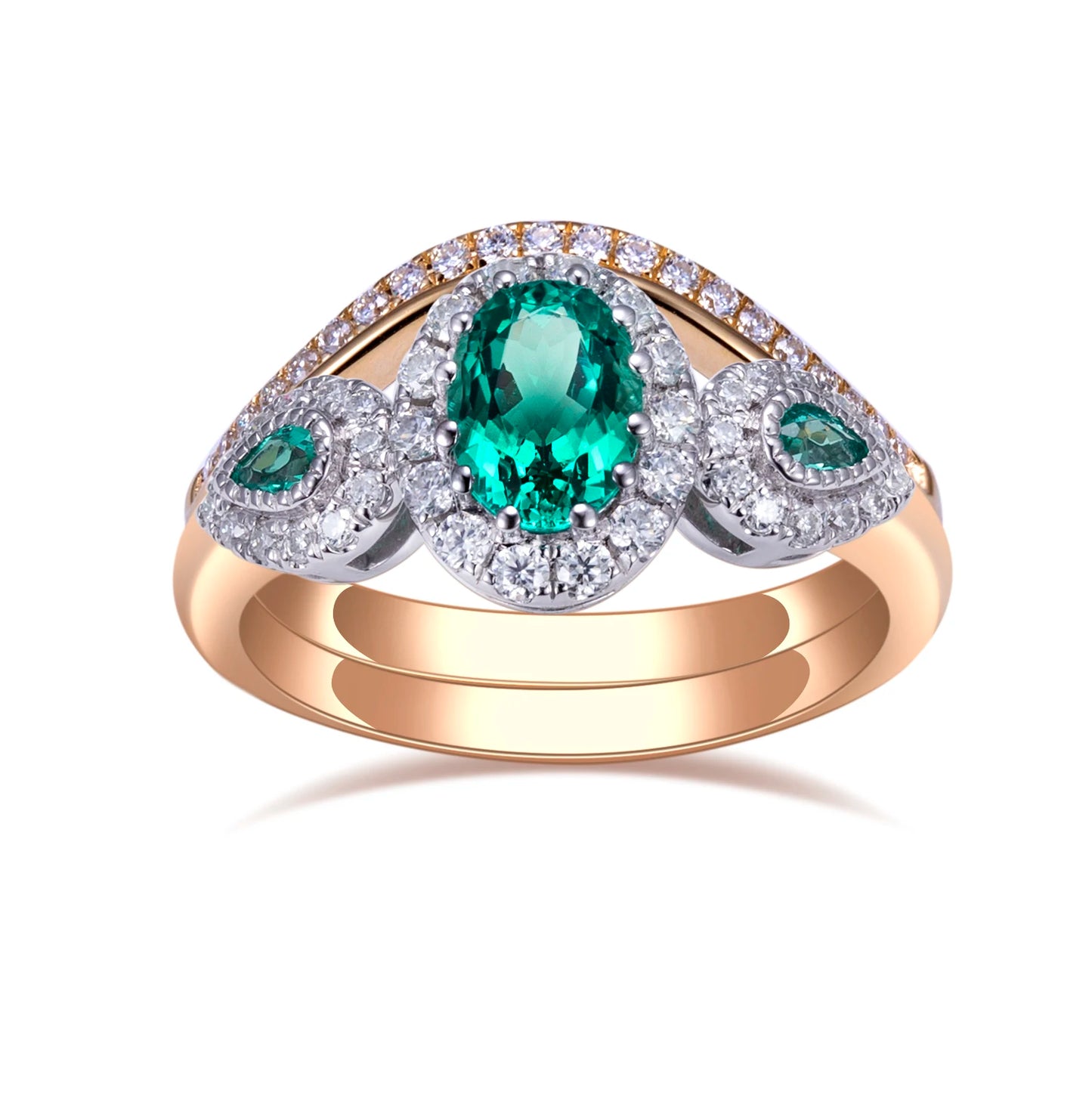 Messi Jewelry  MSR-1048 9K Yellow Gold PT950 Oval Lab Emerald Ring Set Stackable Rings