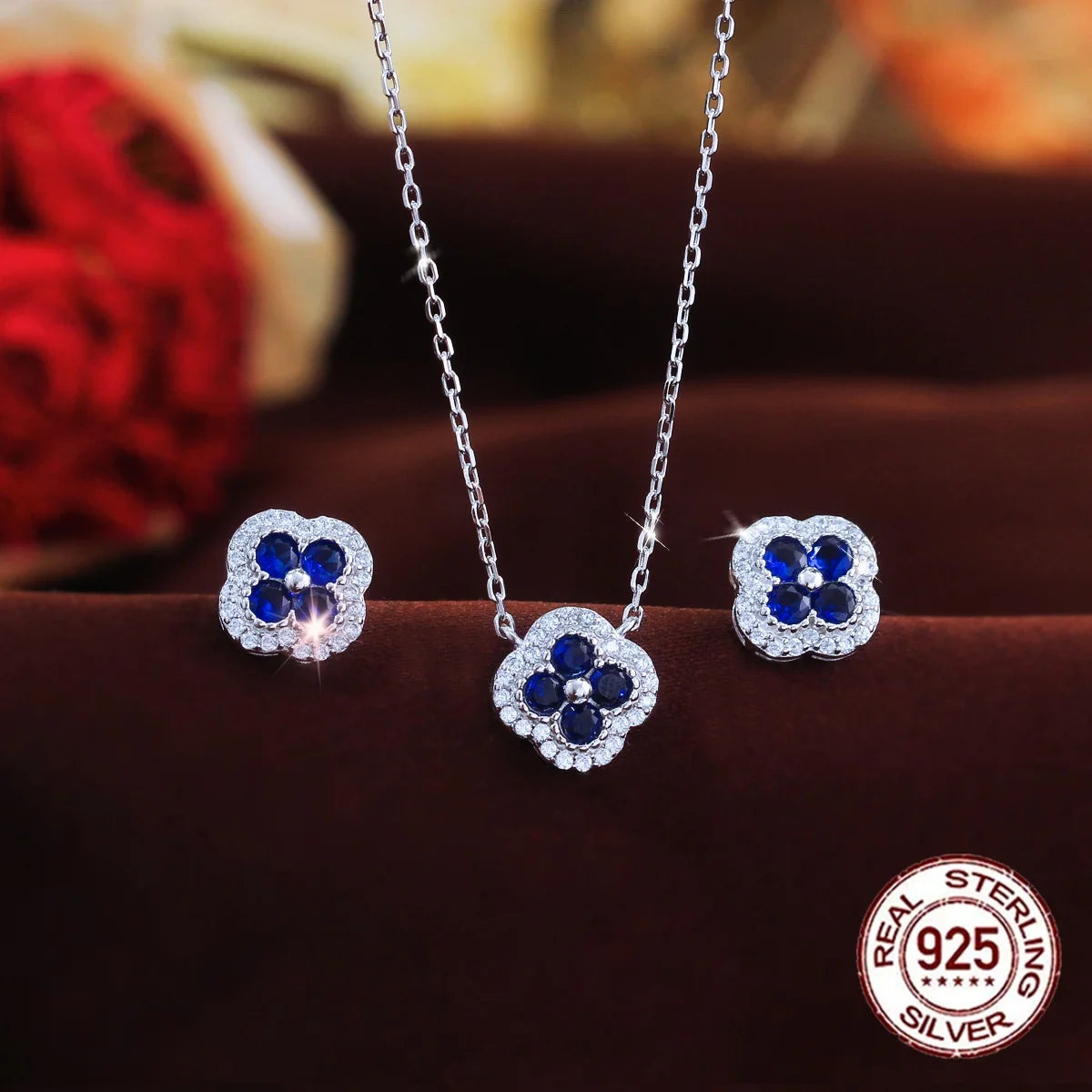 Fine Jewelry Blue CZ Cubic Zirconia  Necklace Earrings S925 Sterling Silver Four Leaf Clover Jewelry Set for Women Daily Wear