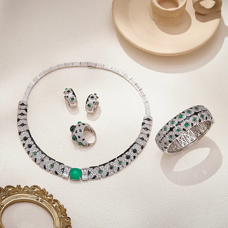 Vintage Leopard Print Necklace Earrings  Rings  Bracelet 4-piece Set Dubai Luxury Style Women's Brass Zirconia Jewelry