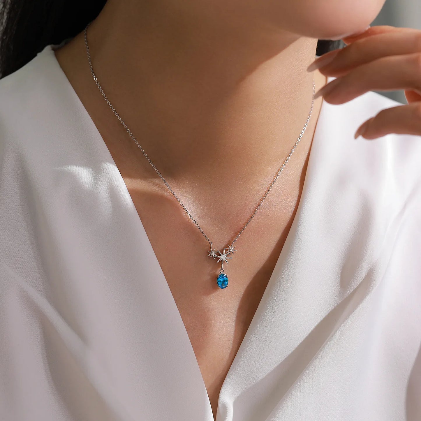 Exquisite 925 Sterling Silver Sparkling Star Studded Earring Necklace Set Fresh Sea Blue Temperament Jewelry Gift Set
