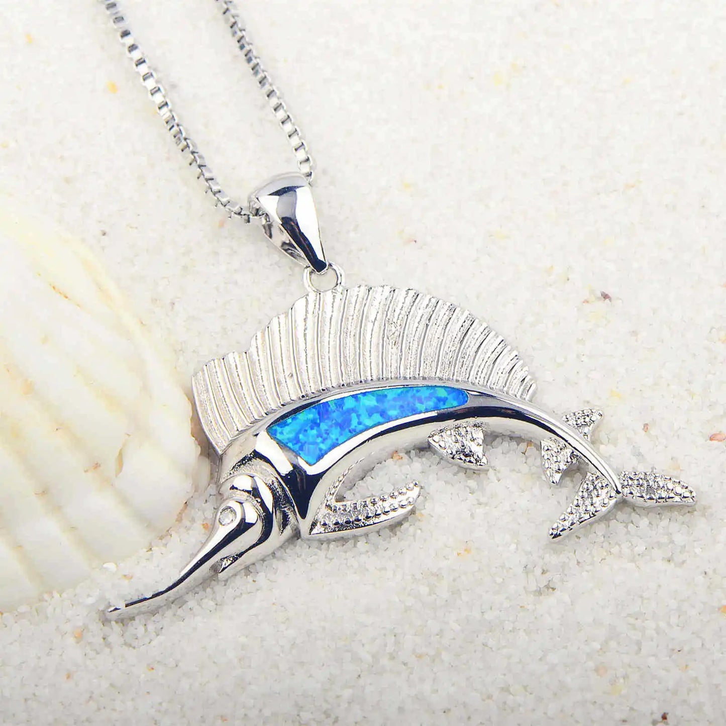 Trendy Christian Copper Silver Plated Ocean Marlin Pendant Blue Opal Sweater Chain Link Chain Nautical Necklace for Beach