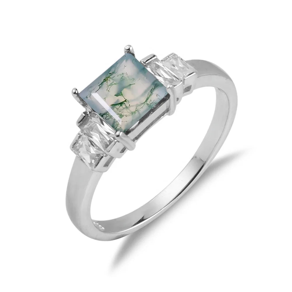 ArtistA F0343 Abiding Five Stone Design 925 Sterling Silver Princess Cut 6x6mm Natural Moss Agate Square Shape Engagement Ring