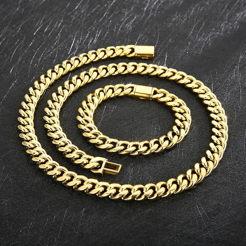 REBEL Men Stainless Steel Vintage Cuban Links 600mm Necklace&200mm Bracelet Jewelry Set