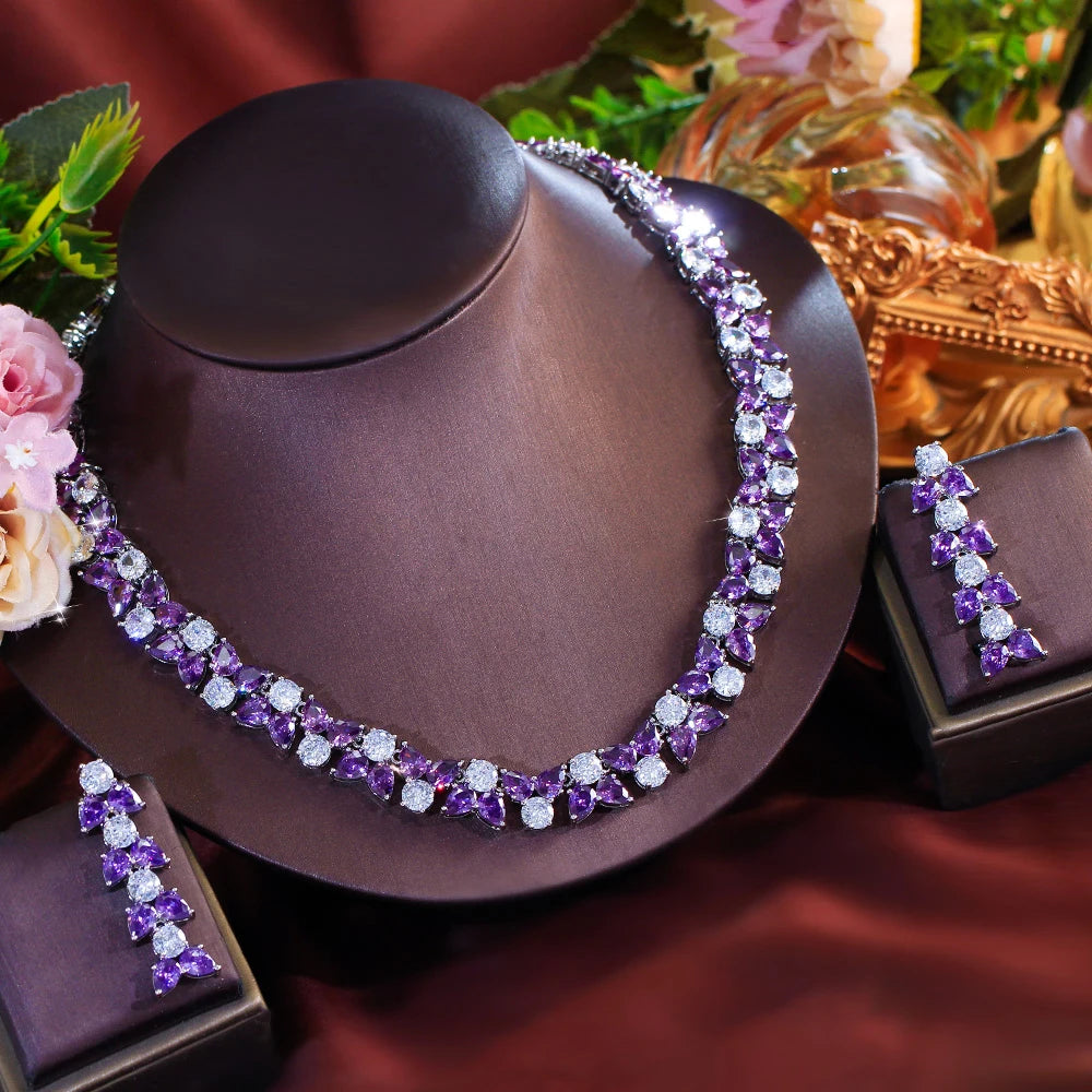 High Quality African Sliver Plated Cubic Zirconia Necklace Earrings Bridal Luxury Purple Jewelry Set for Women Wedding Party