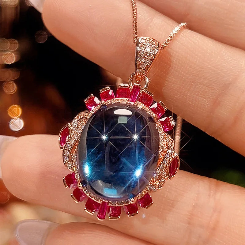 REDheart Fashion Inlaid Zircon Flower Shape 18K Gold Plated Simulation Blue Pointed Crystal Advanced Luxury Necklace Set