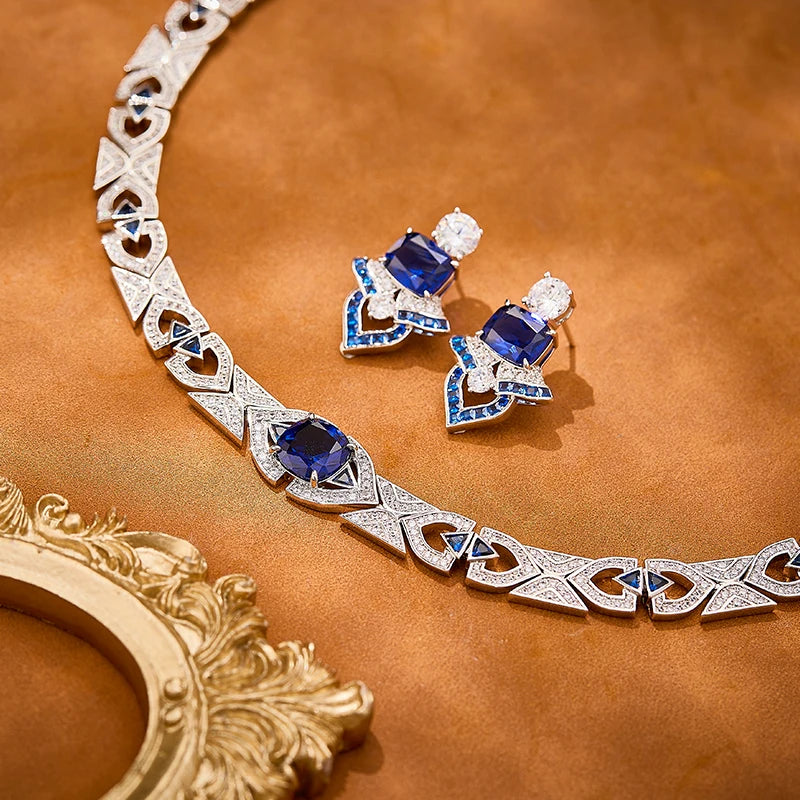 Deep Sea Luxury Cornflower Blue Zircon Brass Necklace Earrings 2-piece Set Sexy Women's Banquet Jewelry Indian Accessories