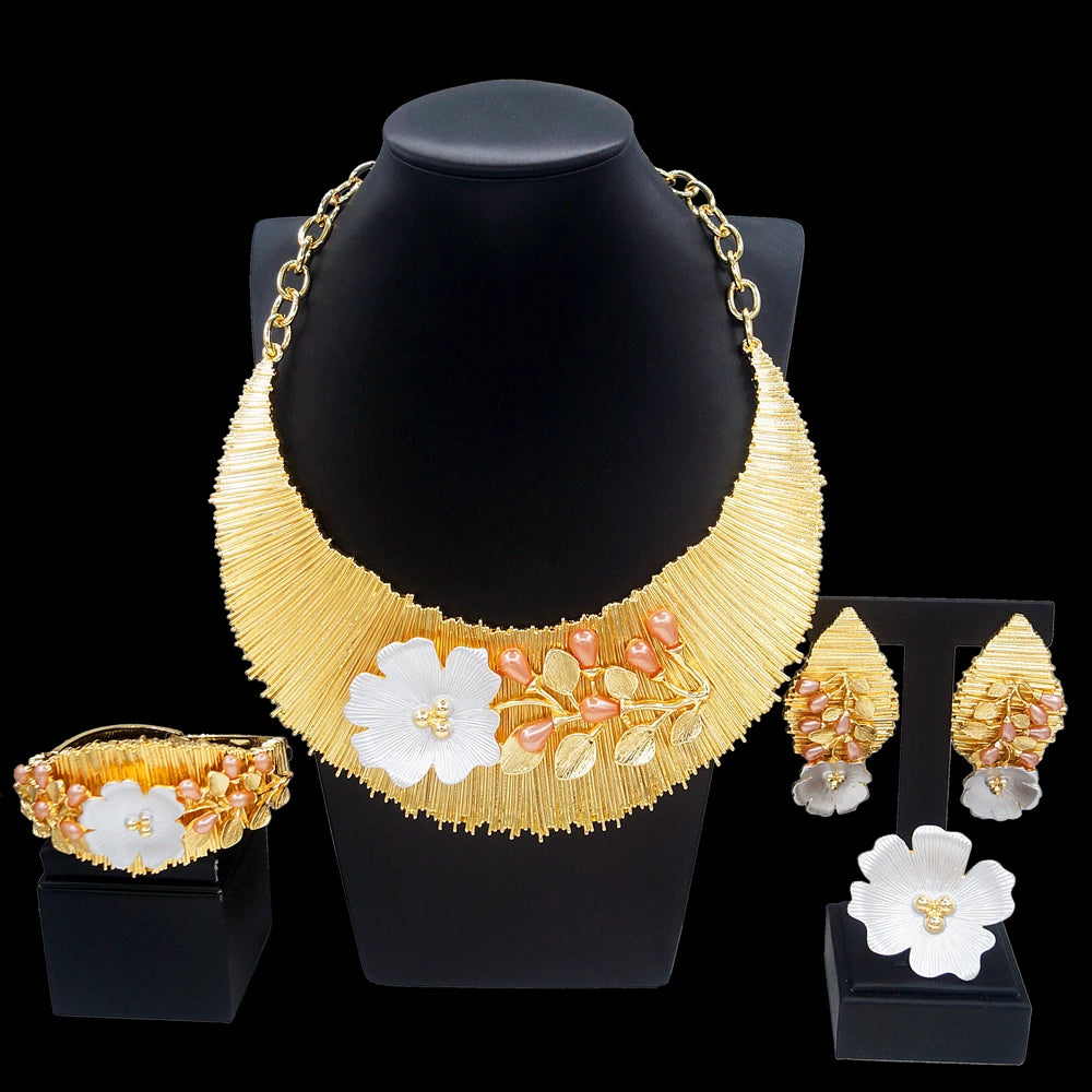 Zhuerrui Women Necklace Earing Bracelet Sets Pink Pearl Africa Nigeria Jewelry Set Italian Gold Plated Non Tarnishing Set H00499