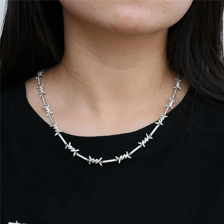 BiG-BOSS New Unisex Punk Luxury Thorns Design Hip Hop Copper Jewelry Full Zircon Barbed Wire Necklace Thorn Necklace