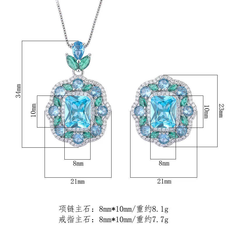Gemfiori European and American Retro Jewelry Pendant Ring Set Jewelry clear Blue Zircon Fashionable High-end Ring
