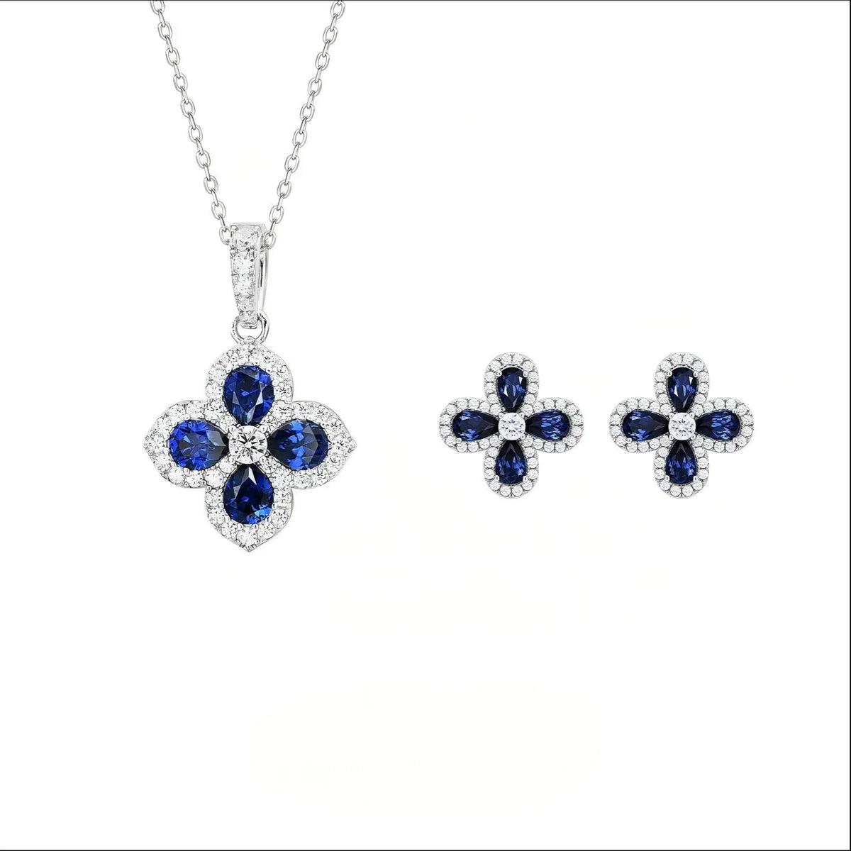ArtistA High Quality Prong Set 925 Sterling Silver Lab Grown Blue Sapphire Ring Earring Necklace Set